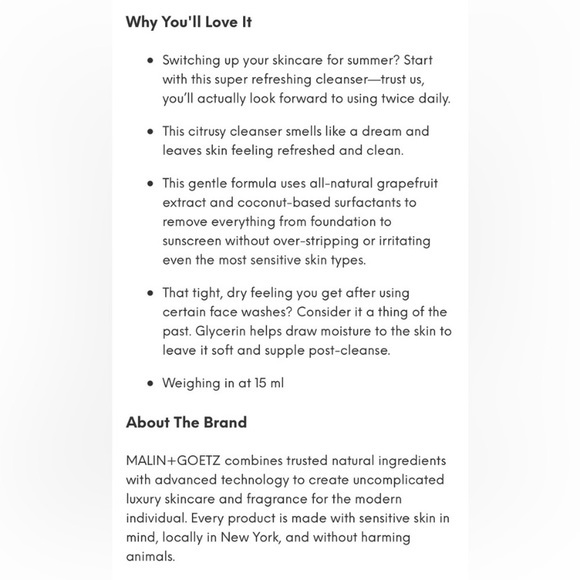 Used Once, MALIN+GOETZ‎ Grapefruit Face Cleanser 1fl.oz., 30ml, Travel Size - Picture 3 of 5